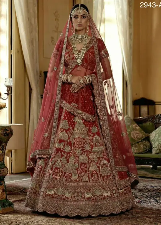 Double Dupatta Flared Bridal Lehenga Choli in Red