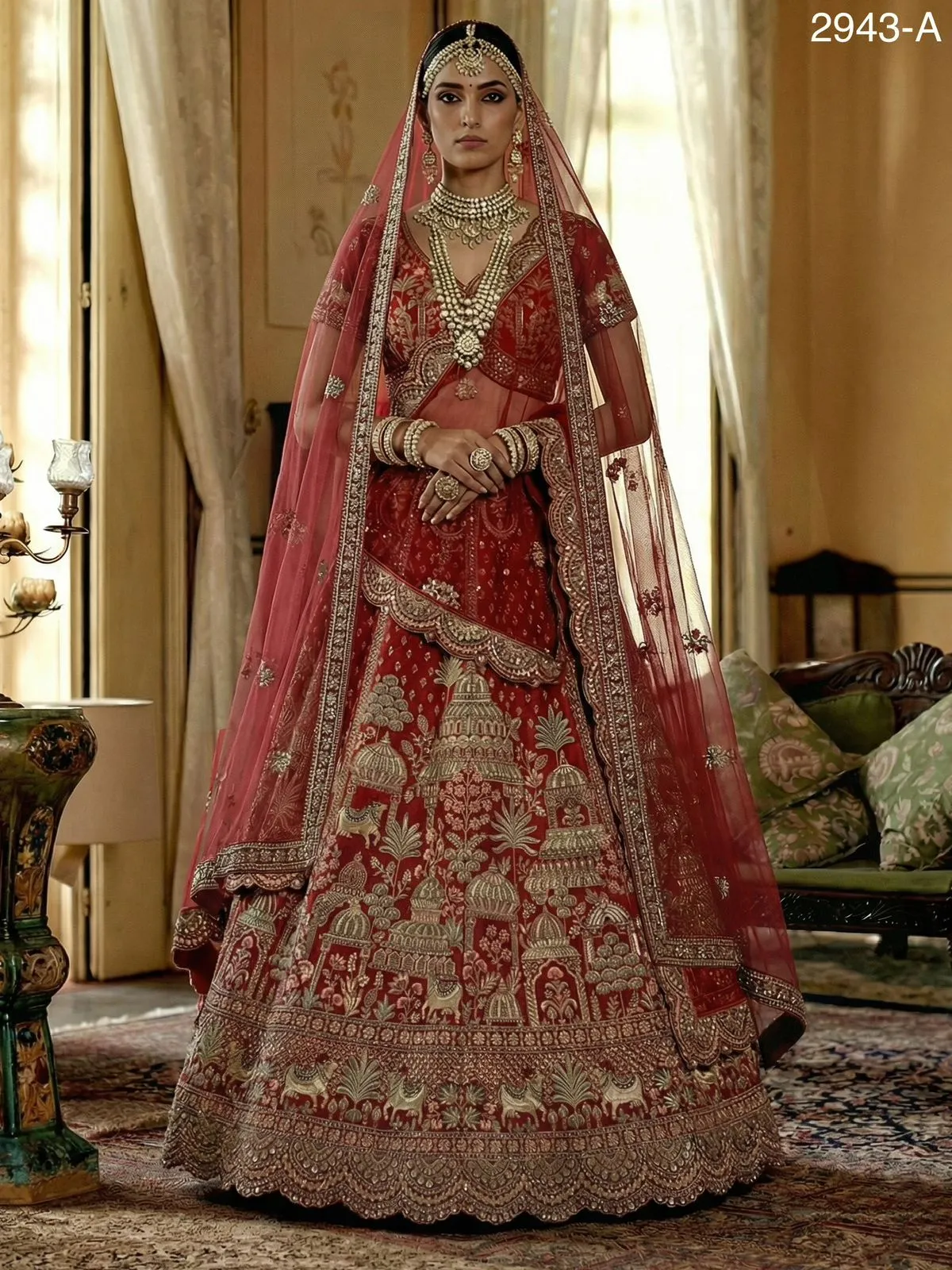 Double Dupatta Flared Bridal Lehenga Choli in Red