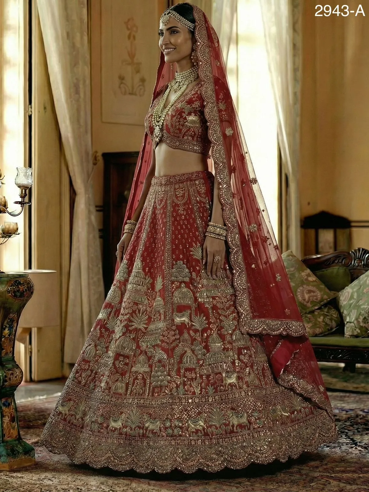 Double Dupatta Flared Bridal Lehenga Choli in Red - Image 2