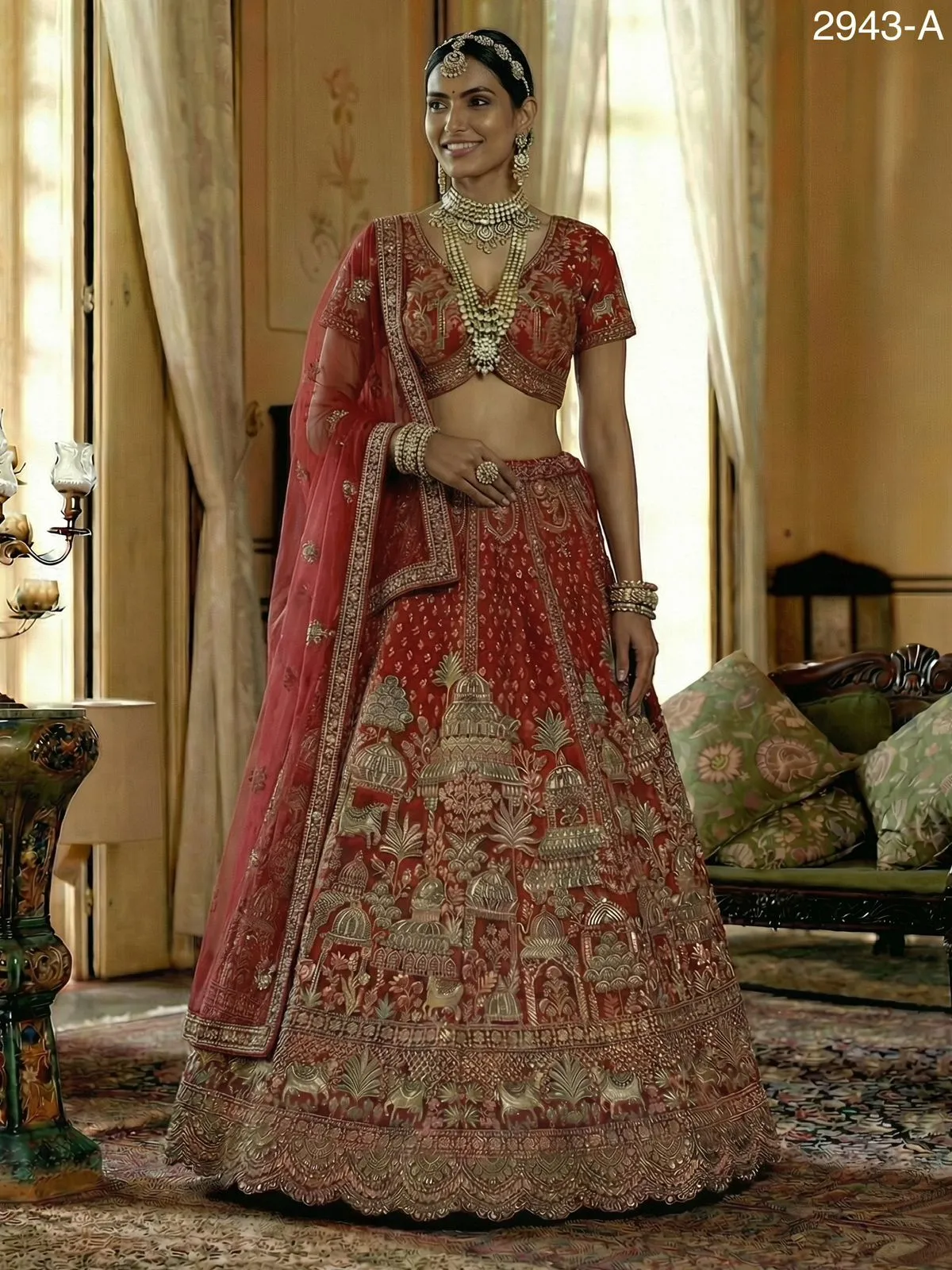 Double Dupatta Flared Bridal Lehenga Choli in Red - Image 3