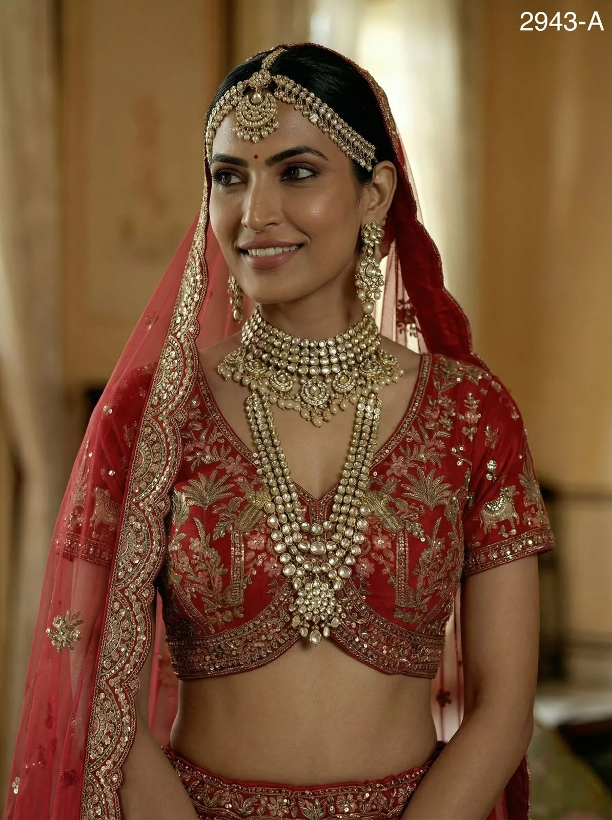 Double Dupatta Flared Bridal Lehenga Choli in Red - Image 7