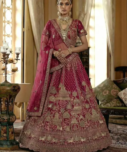 Double Dupatta Flared Bridal Lehenga Choli Rani Color