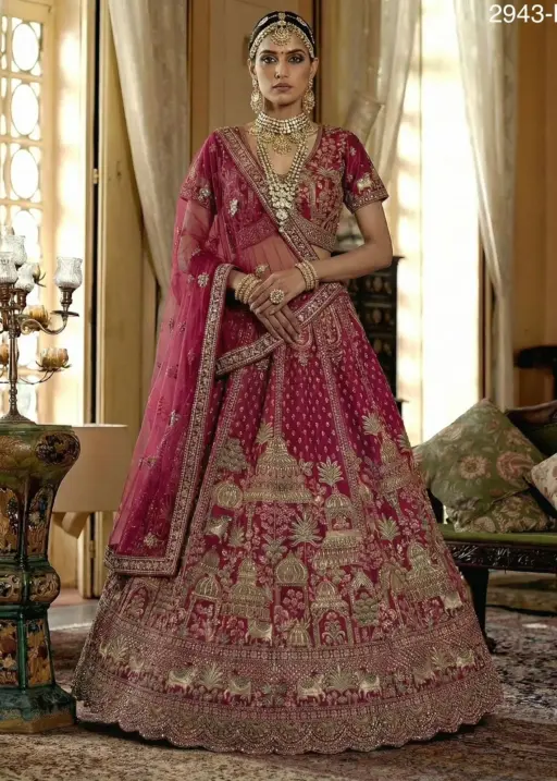 Double Dupatta Flared Bridal Lehenga Choli Rani Color