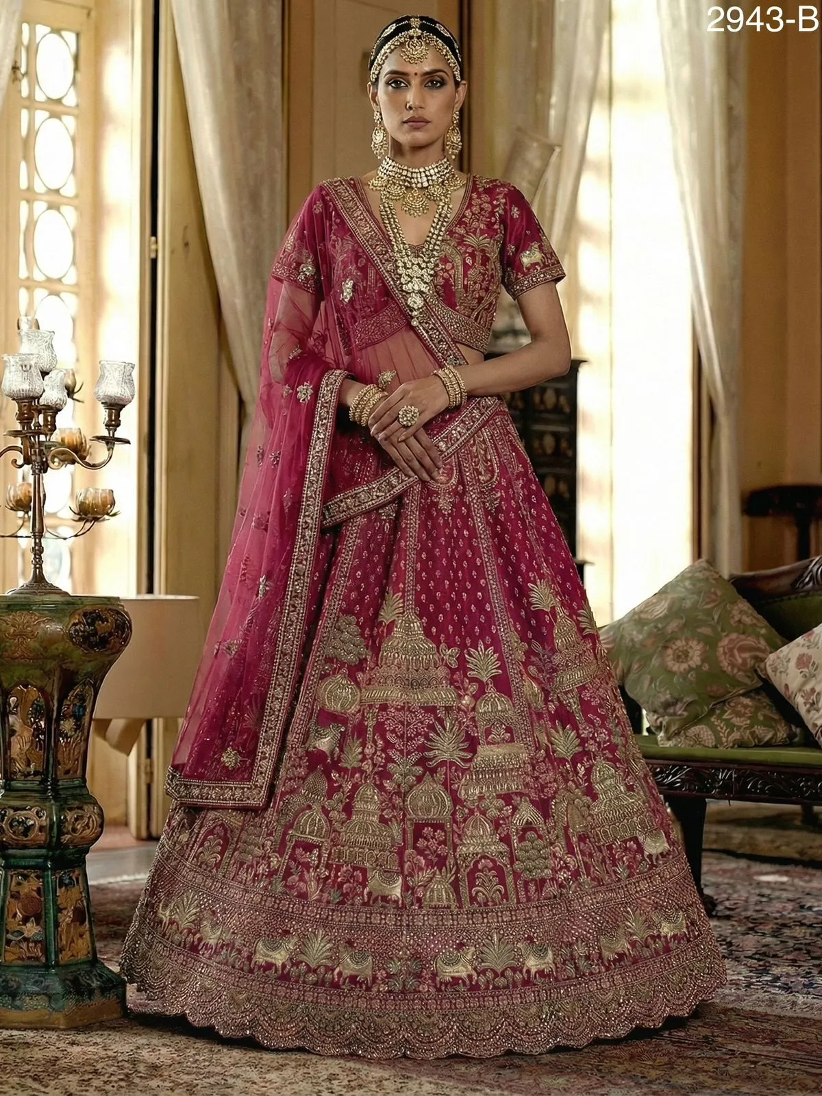 Double Dupatta Flared Bridal Lehenga Choli Rani Color