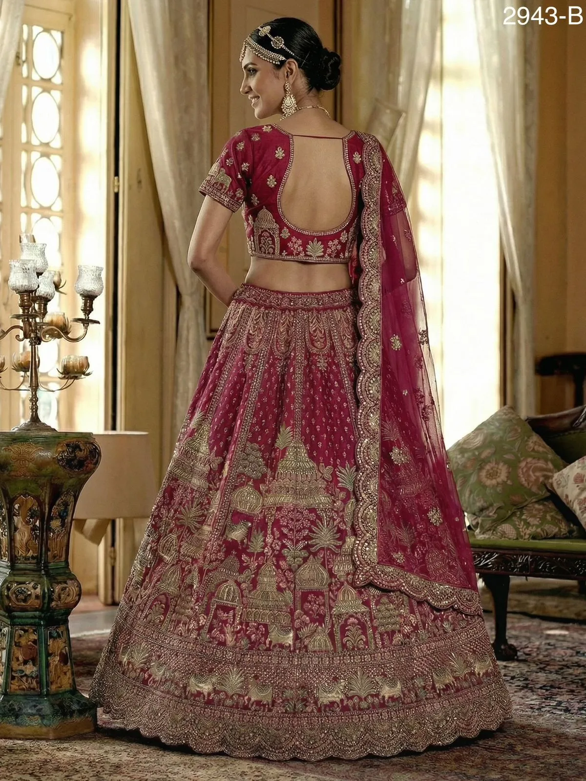 Double Dupatta Flared Bridal Lehenga Choli Rani Color - Image 2