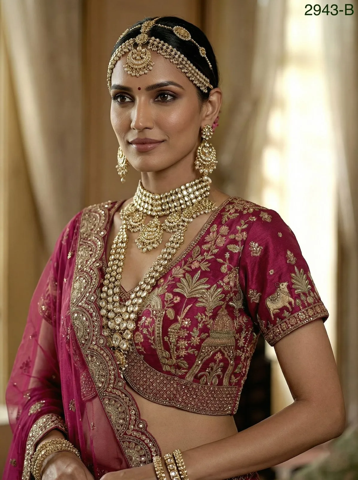 Double Dupatta Flared Bridal Lehenga Choli Rani Color - Image 4