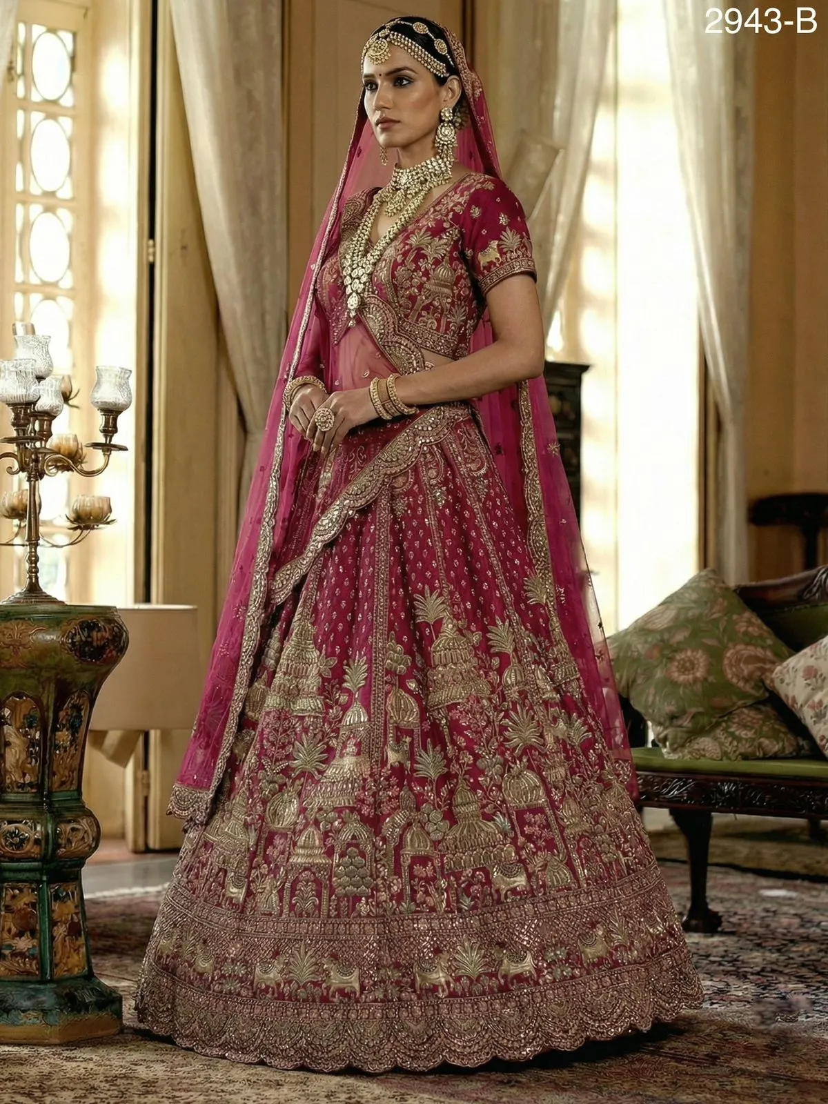 Double Dupatta Flared Bridal Lehenga Choli Rani Color - Image 5