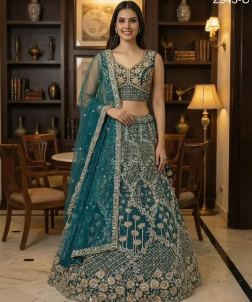 Elegant Premium Party Wear Sea Green Color Net Lehenga Choli