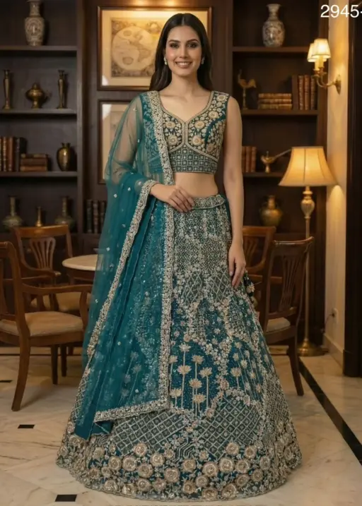 Elegant Premium Party Wear Sea Green Color Net Lehenga Choli