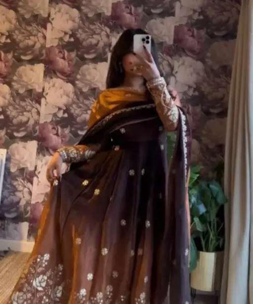 Embroidered Brown Anarkali Set for Festive Wear