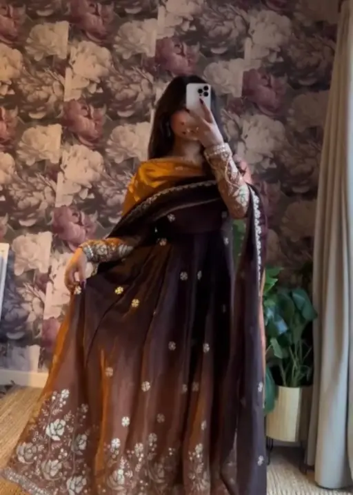 Embroidered Brown Anarkali Set for Festive Wear