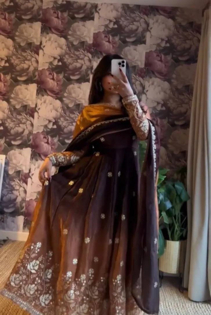Embroidered Brown Anarkali Set for Festive Wear