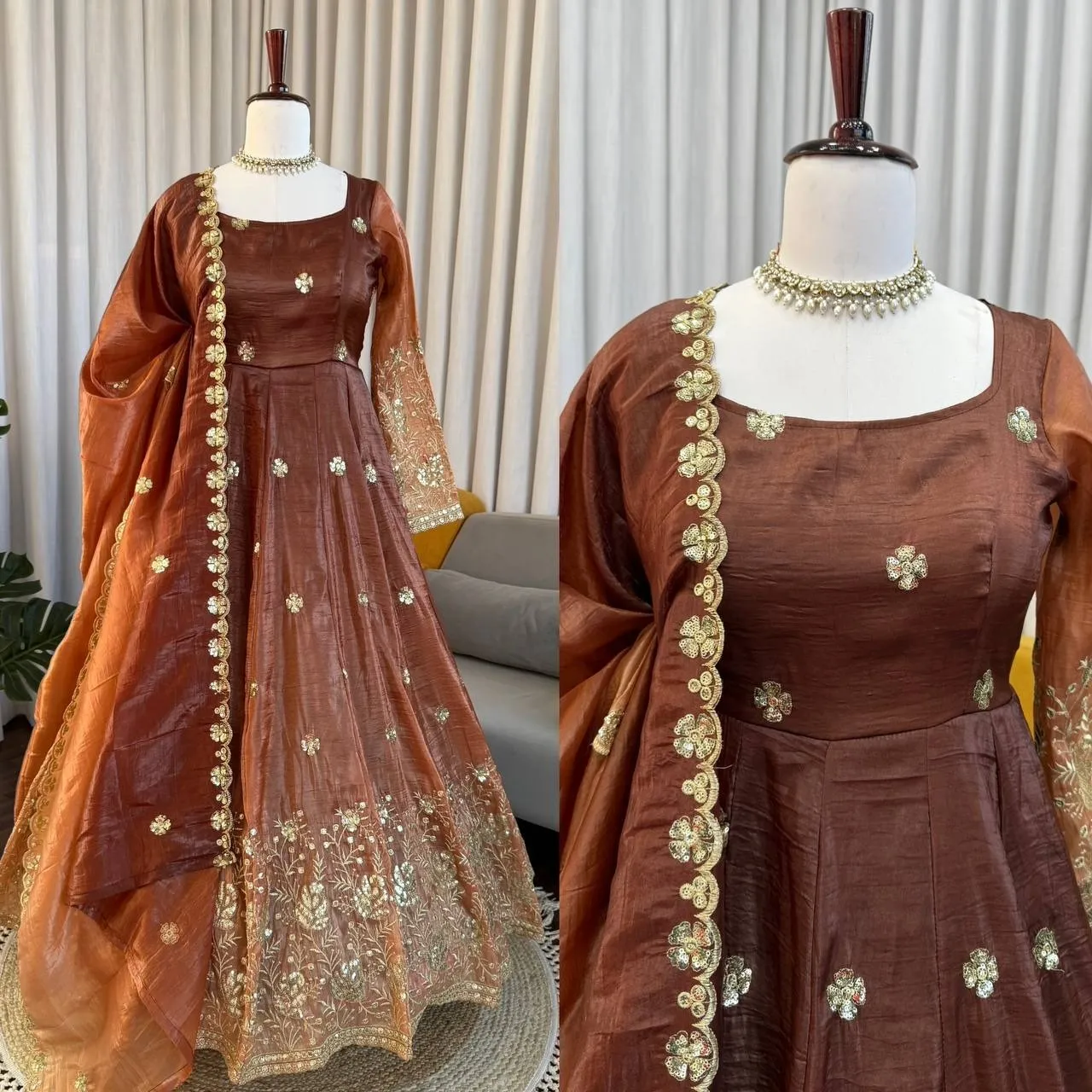 Embroidered Brown Anarkali Set for Festive Wear - Image 2