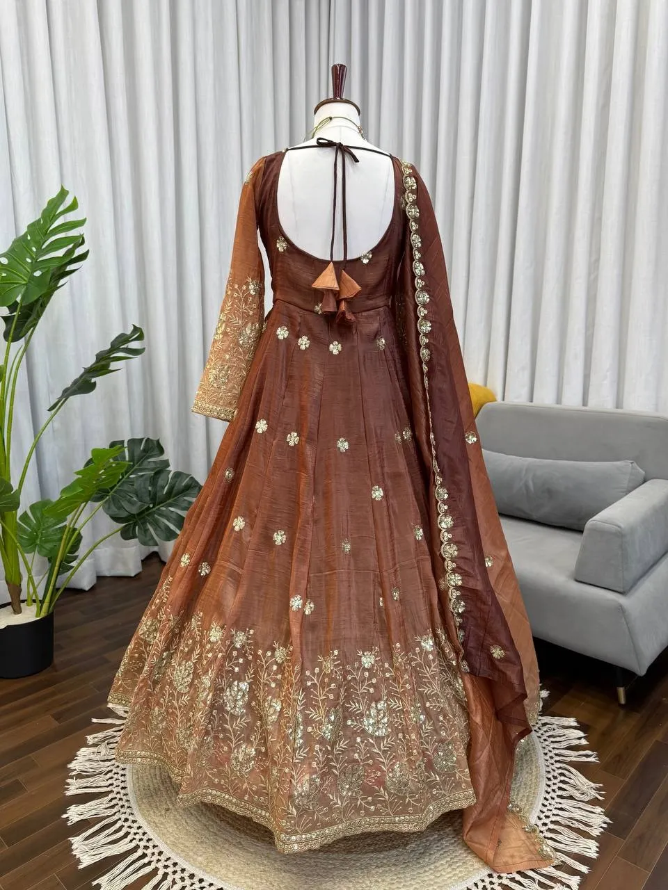 Embroidered Brown Anarkali Set for Festive Wear - Image 3