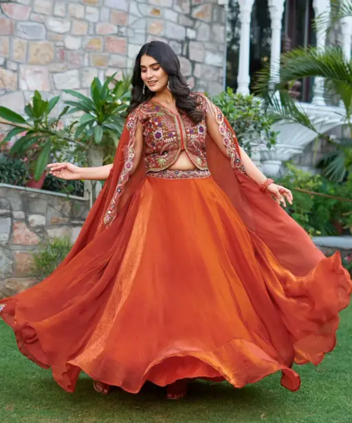 Fancy Orange Readymade Lehenga with Shrug Style Dupatta