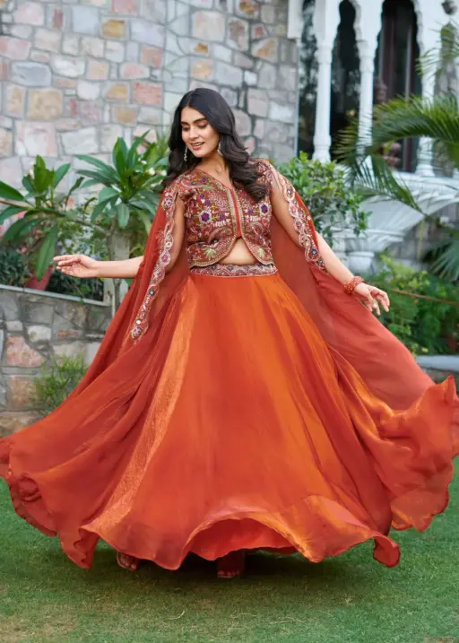 Fancy Orange Readymade Lehenga with Shrug Style Dupatta