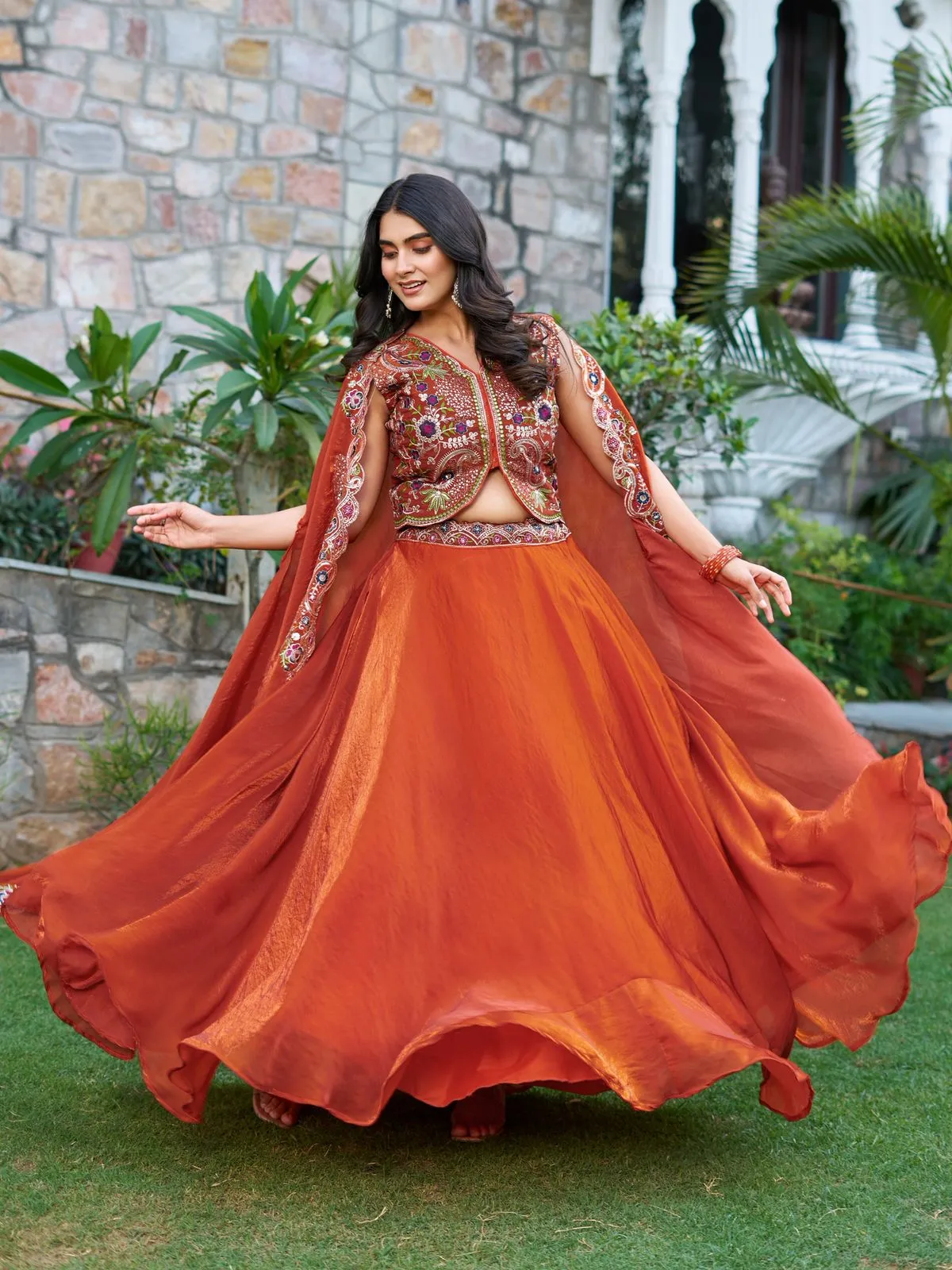 Fancy Orange Readymade Lehenga with Shrug Style Dupatta