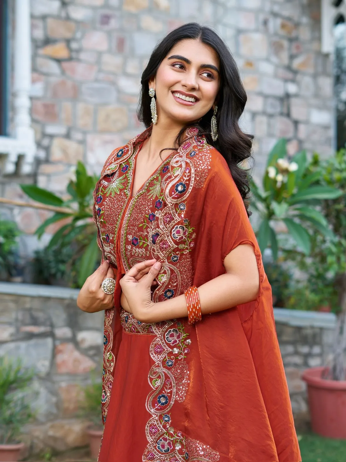 Fancy Orange Readymade Lehenga with Shrug Style Dupatta - Image 2