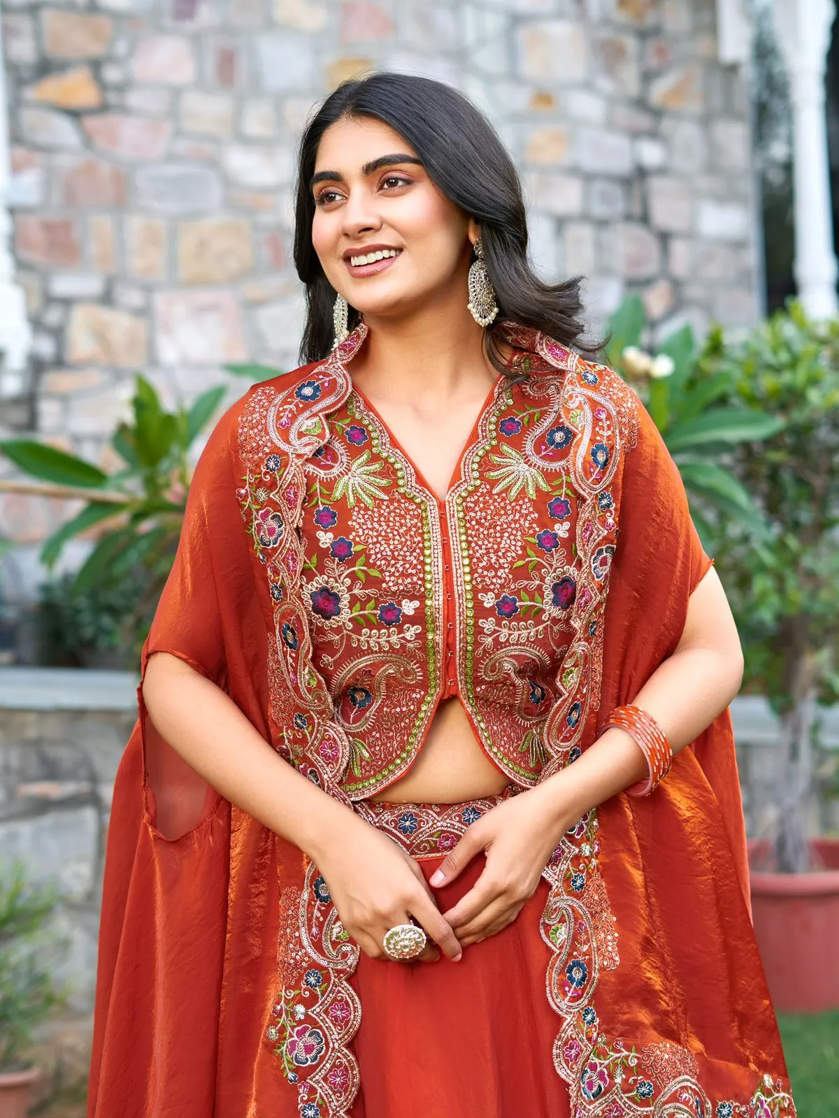 Fancy Orange Readymade Lehenga with Shrug Style Dupatta - Image 4