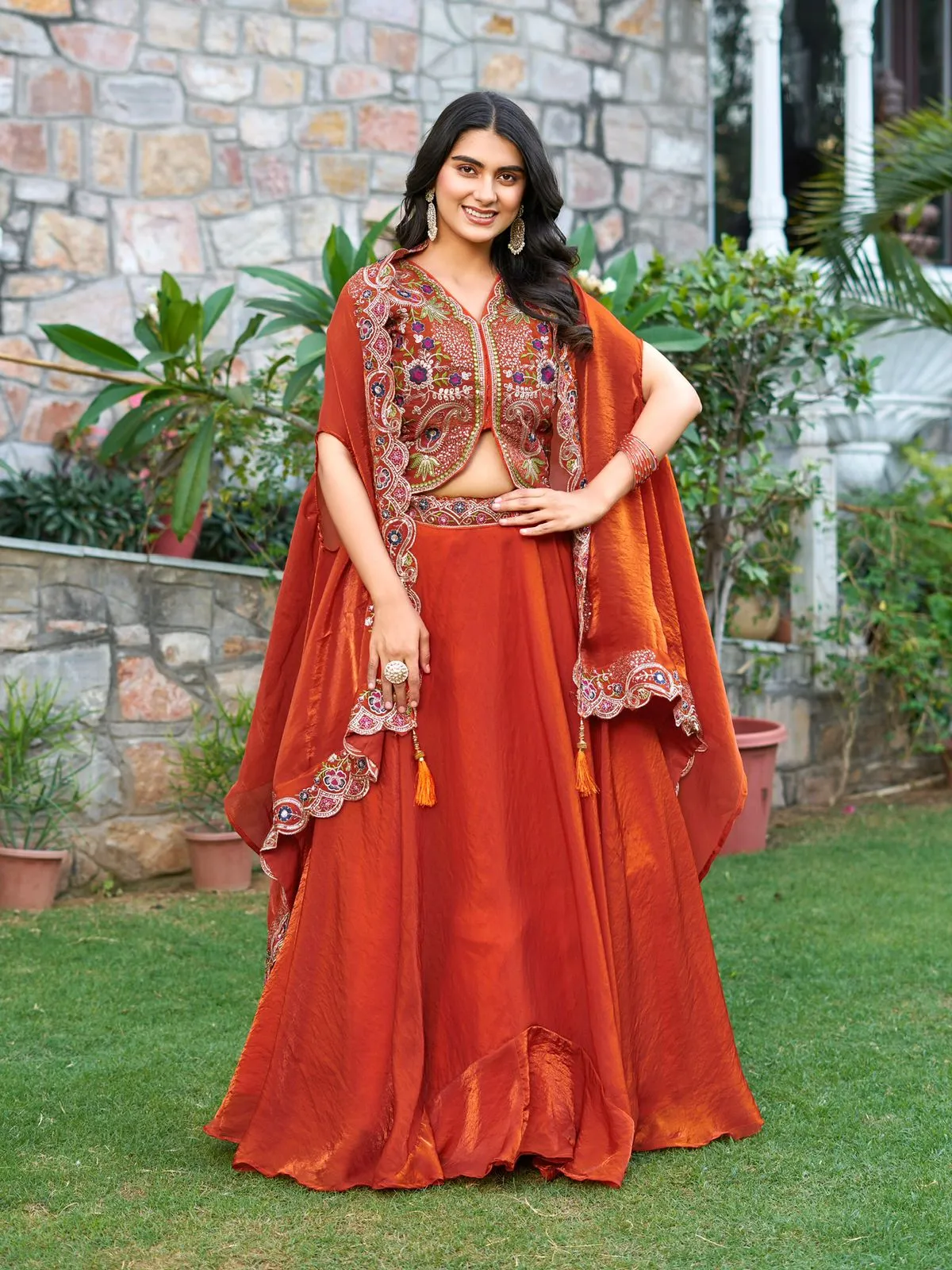 Fancy Orange Readymade Lehenga with Shrug Style Dupatta - Image 5