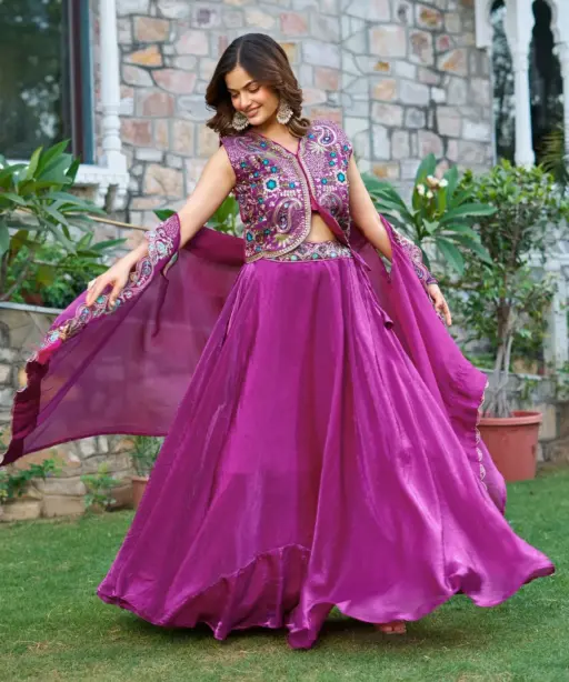 Fancy Purple Readymade Lehenga with Shrug Style Dupatta