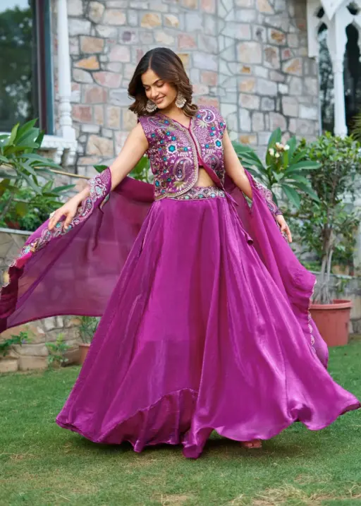 Fancy Purple Readymade Lehenga with Shrug Style Dupatta