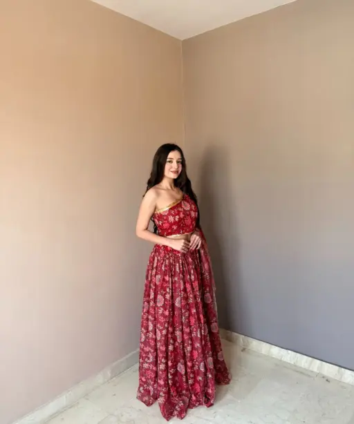 Floral Printed Red One Shoulder Blouse with Lehenga set