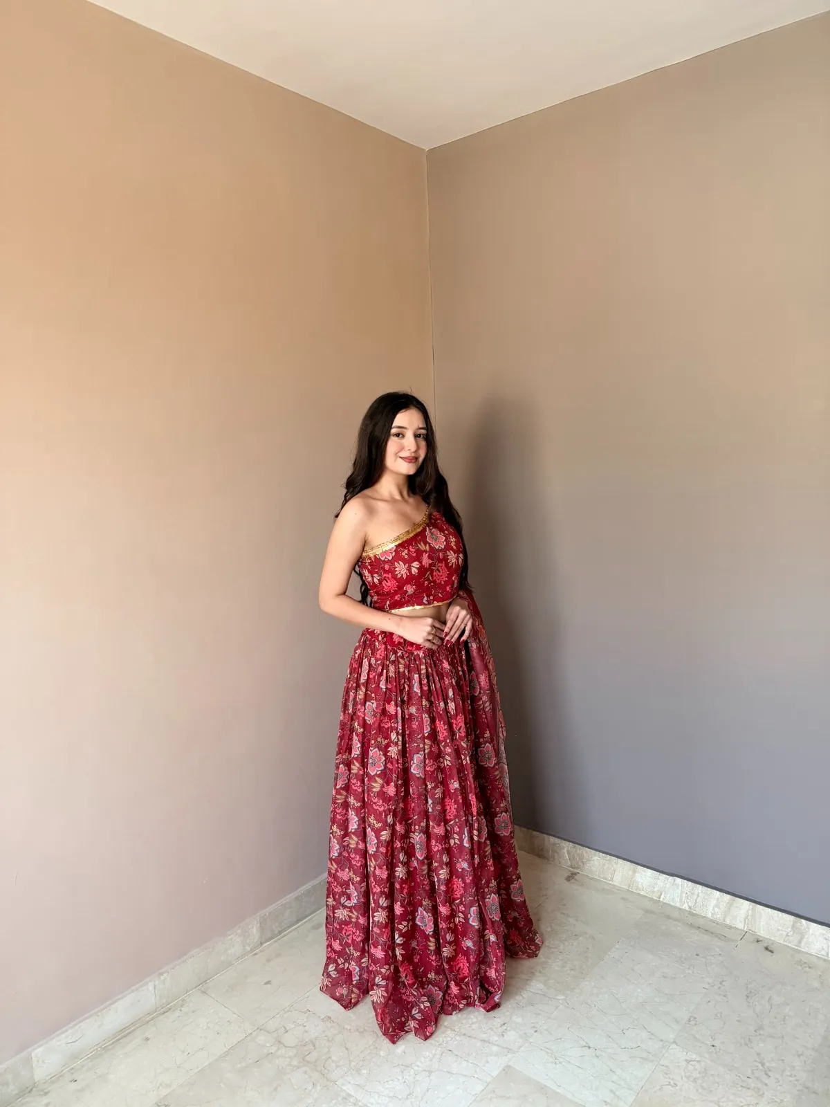 Floral Printed Red One Shoulder Blouse with Lehenga set