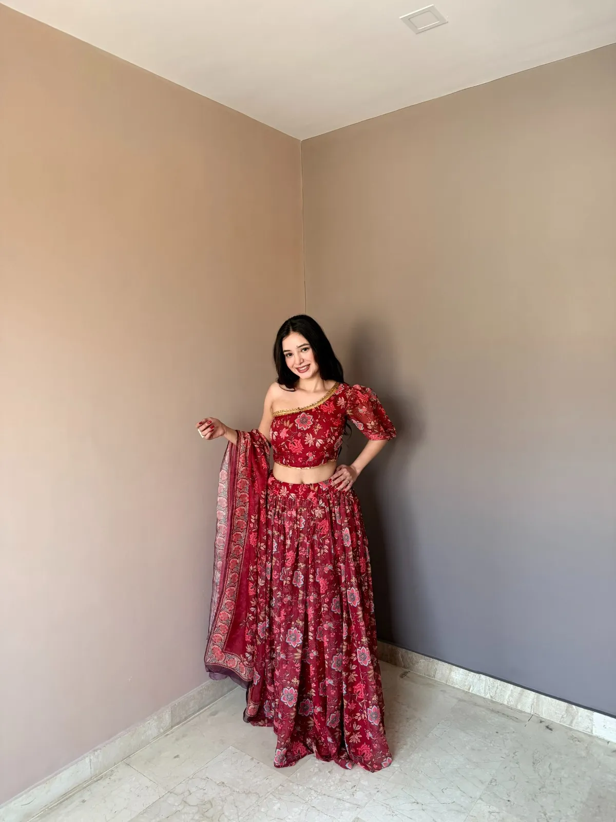 Floral Printed Red One Shoulder Blouse with Lehenga set - Image 2