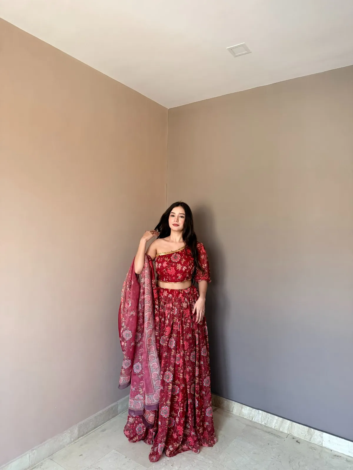 Floral Printed Red One Shoulder Blouse with Lehenga set - Image 4