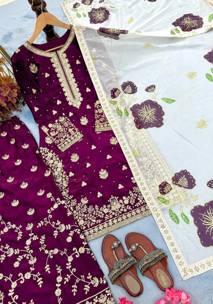 Full Embroidery Purple Pakistani Kurti Set - Image 3