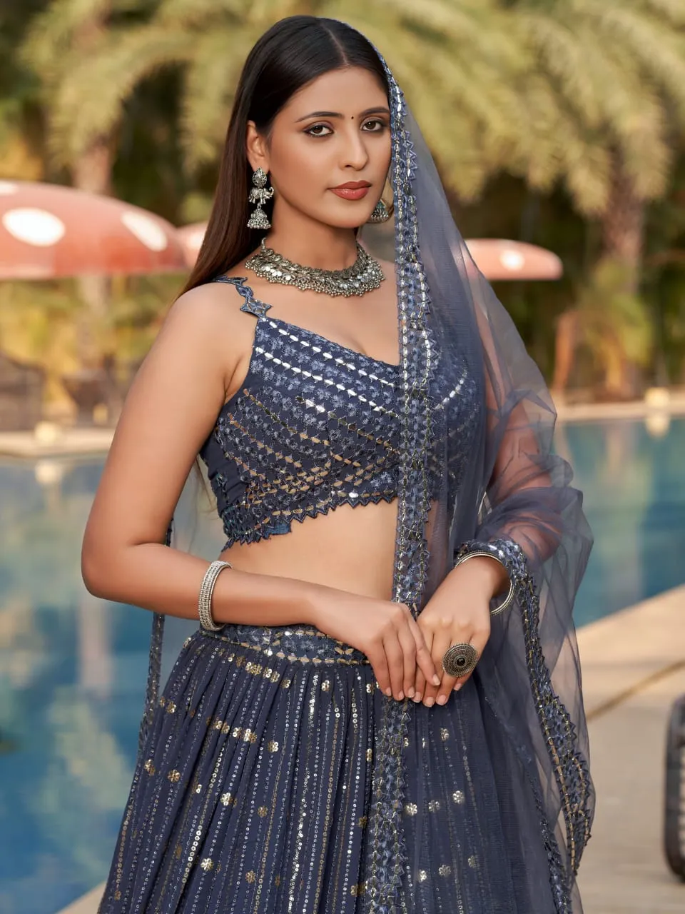 Gray Reception Lehenga with Embroidery - Image 3