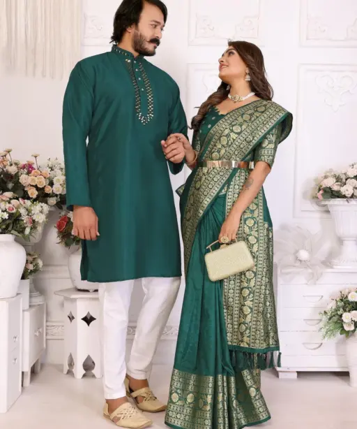Green Color Silk Saree with Kurta Couple Combo