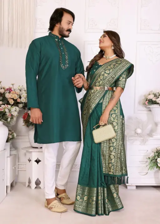 Green Color Silk Saree with Kurta Couple Combo