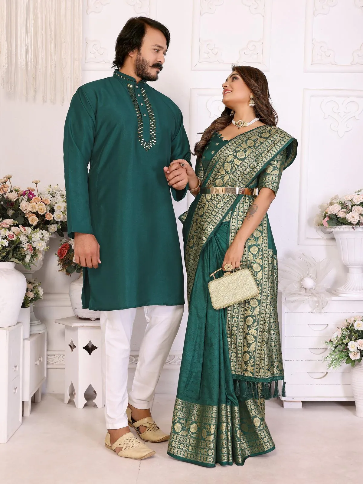 Green Color Silk Saree with Kurta Couple Combo