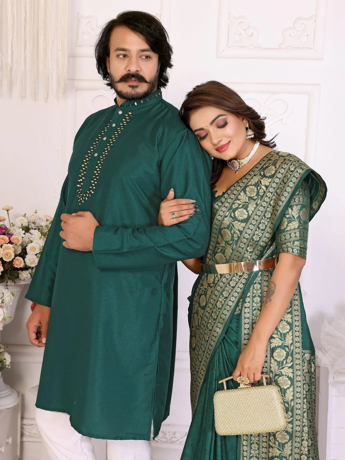 Green Color Silk Saree with Kurta Couple Combo - Image 2
