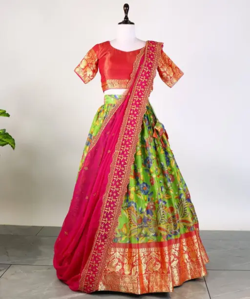 Green Kalamkari Printed Lehenga for Girls