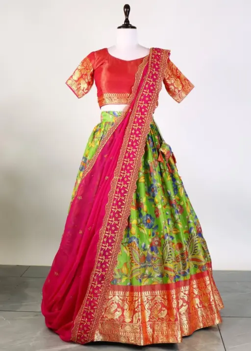 Green Kalamkari Printed Lehenga for Girls