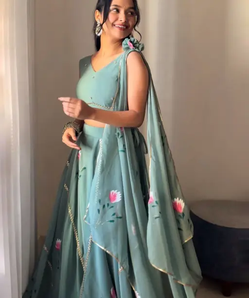 Hand painted Lehenga with Blouse attached Dupatta