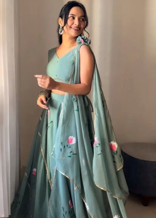 Hand painted Lehenga with Blouse attached Dupatta