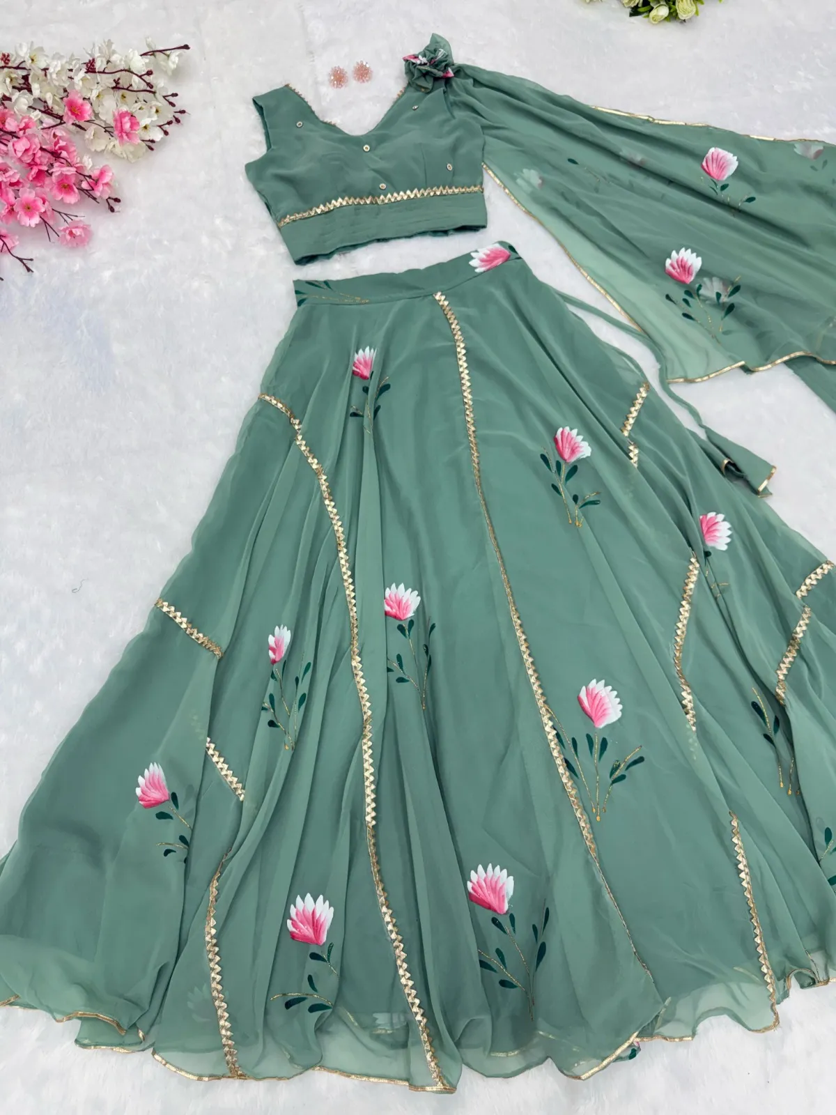 Hand painted Lehenga with Blouse attached Dupatta - Image 5