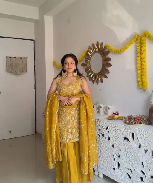 Influencer Style Sleeveless Yellow Sharara Suit for Haldi