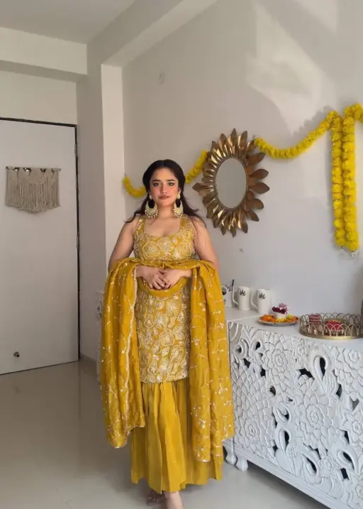 Influencer Style Sleeveless Yellow Sharara Suit for Haldi
