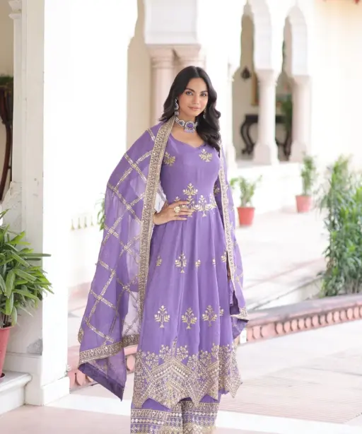 Lavender Heavy Work Gown with Bottom & Dupatta