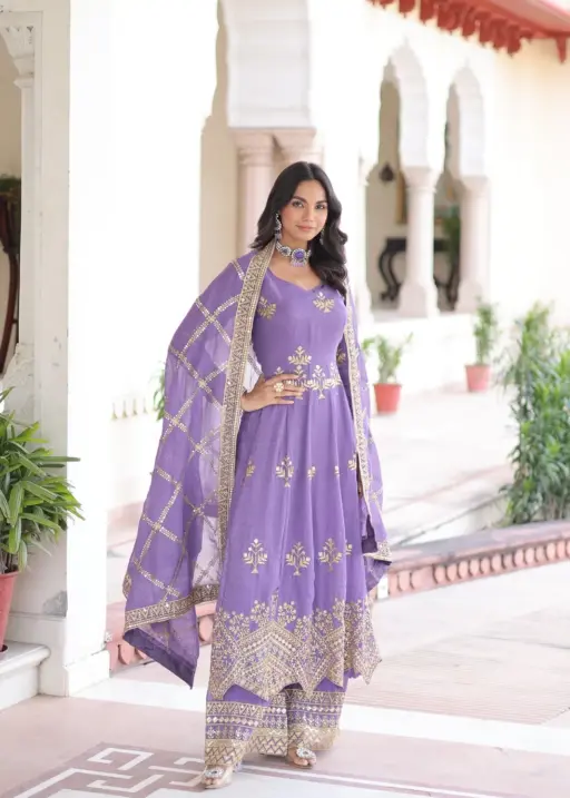 Lavender Heavy Work Gown with Bottom & Dupatta