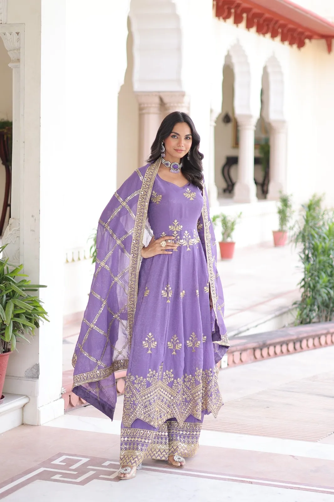 Lavender Heavy Work Gown with Bottom & Dupatta
