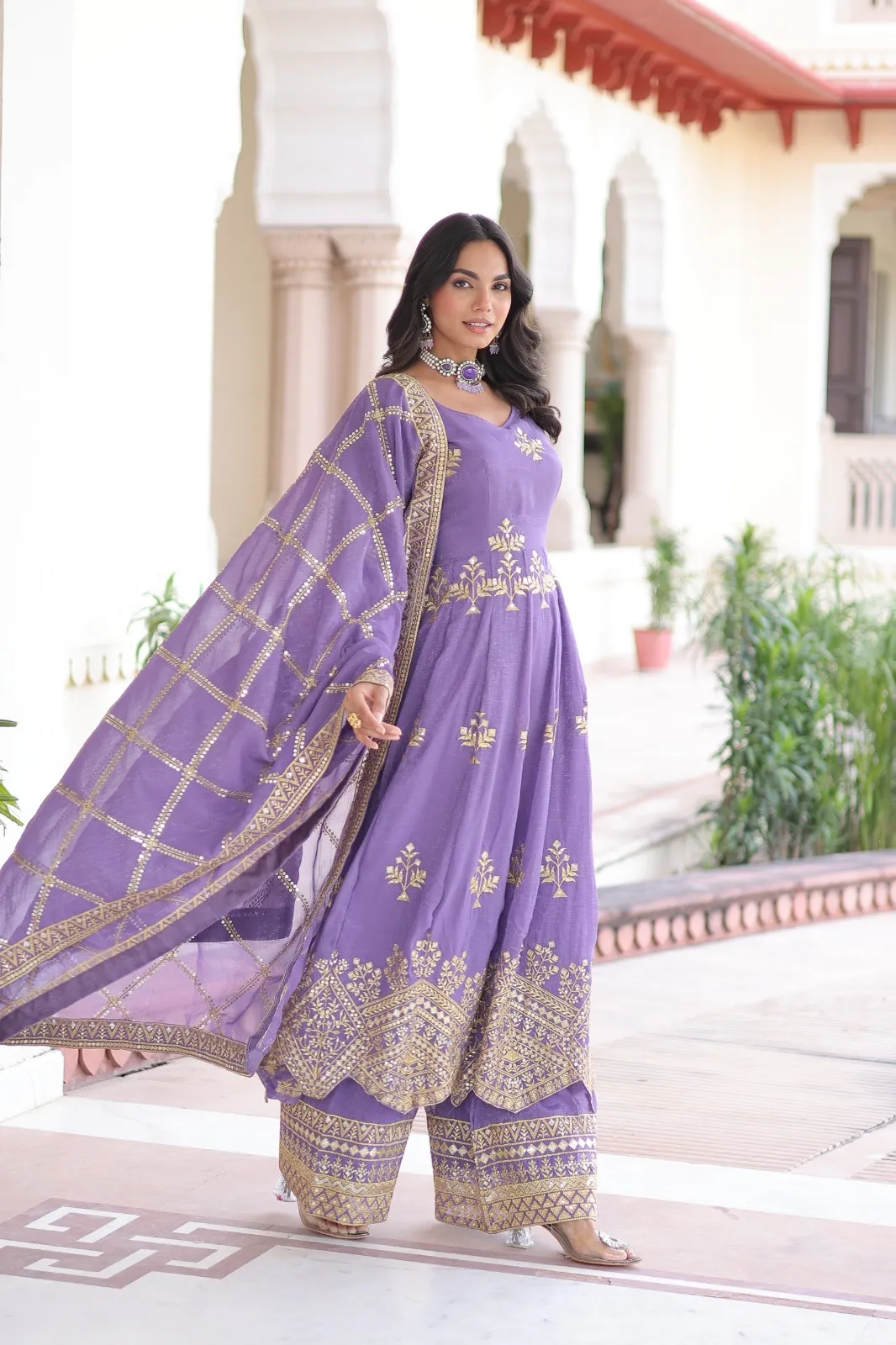 Lavender Heavy Work Gown with Bottom & Dupatta - Image 2