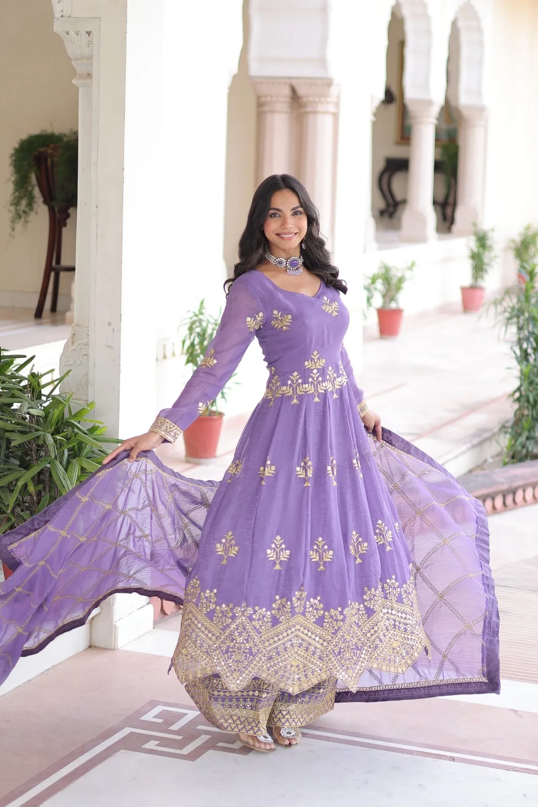 Lavender Heavy Work Gown with Bottom & Dupatta - Image 3