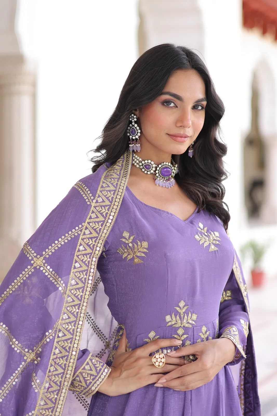 Lavender Heavy Work Gown with Bottom & Dupatta - Image 4