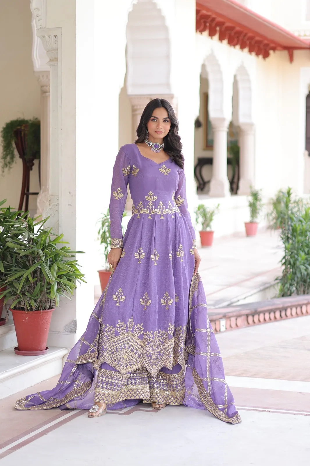 Lavender Heavy Work Gown with Bottom & Dupatta - Image 5